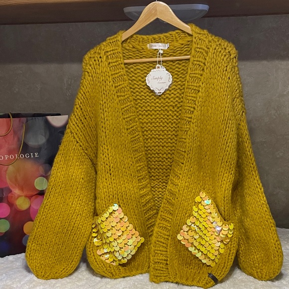 HAND MADE🫶Simply Couture Mustard Knit Cardigan with Sequin Accents - Picture 1 of 7